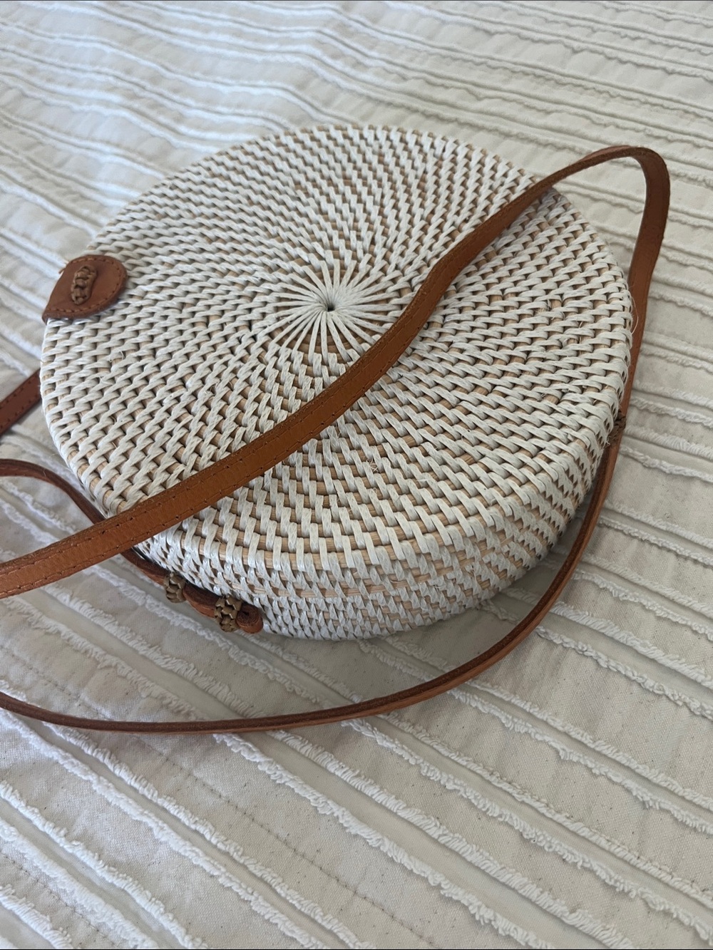 Woven Round Straw Crossbody Bag with Brown Leather Trim Hand woven in Bali
